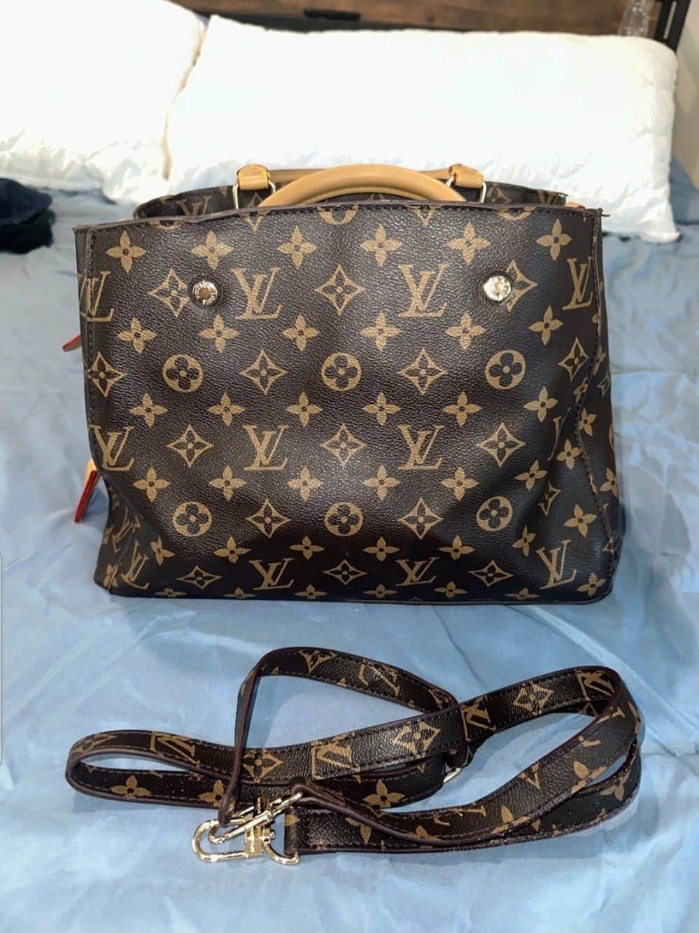 Lv. Monogram Canvas Satchel with Tan Handle
